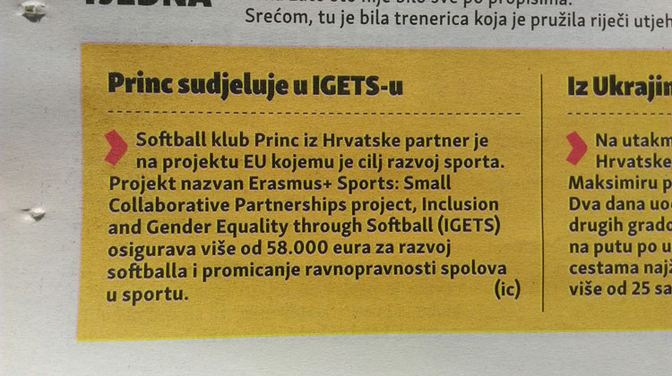 Softball klub princ sudjeluje u IGETS-u - ERASMUS + projektu