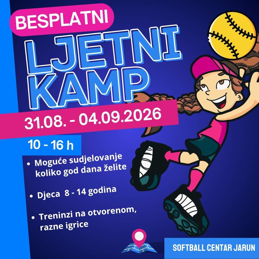 Djeca sudjeluju na ljetnom softball kampu na terenima Softball kluba Princ na Jarunu. Na fotografiji su treninzi, igre i zabavne aktivnosti za djecu tijekom sportskog kampa na otvorenom.