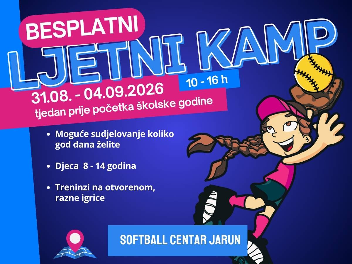 Djeca sudjeluju na ljetnom softball kampu na terenima Softball kluba Princ na Jarunu. Na fotografiji su treninzi, igre i zabavne aktivnosti za djecu tijekom sportskog kampa na otvorenom.